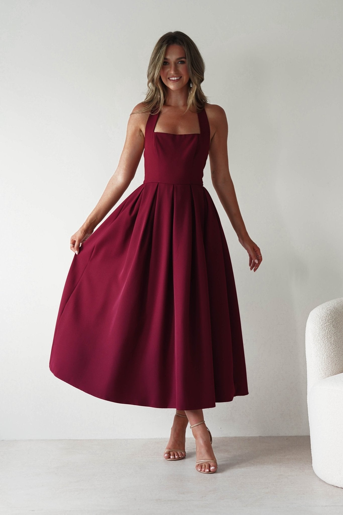 Daria Halter Neck Midi Dress in wine – side view | Velora premium burgundy dresses