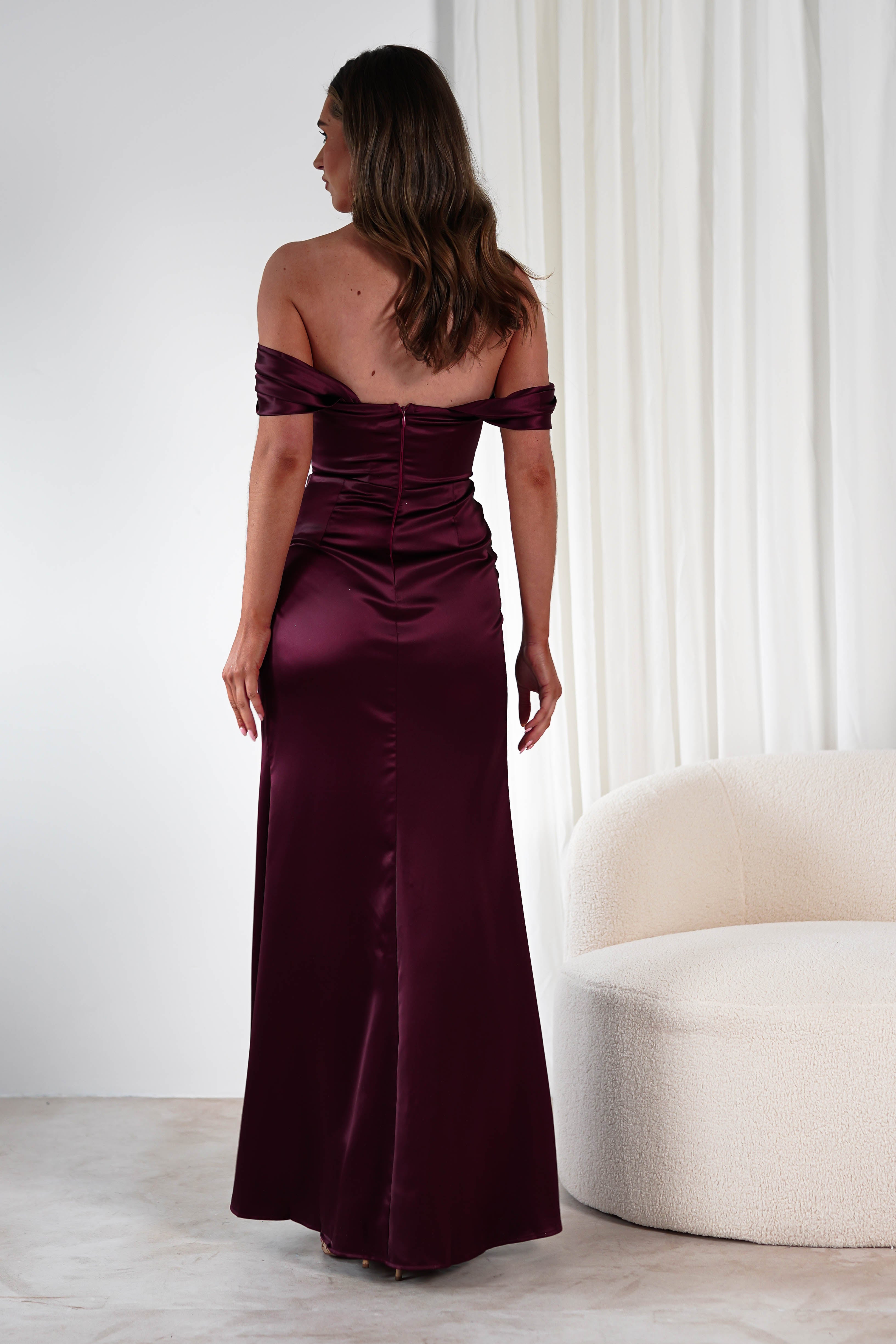 Monica Off The Shoulder Gown in wine – close-up detail | Velora premium burgundy dresses