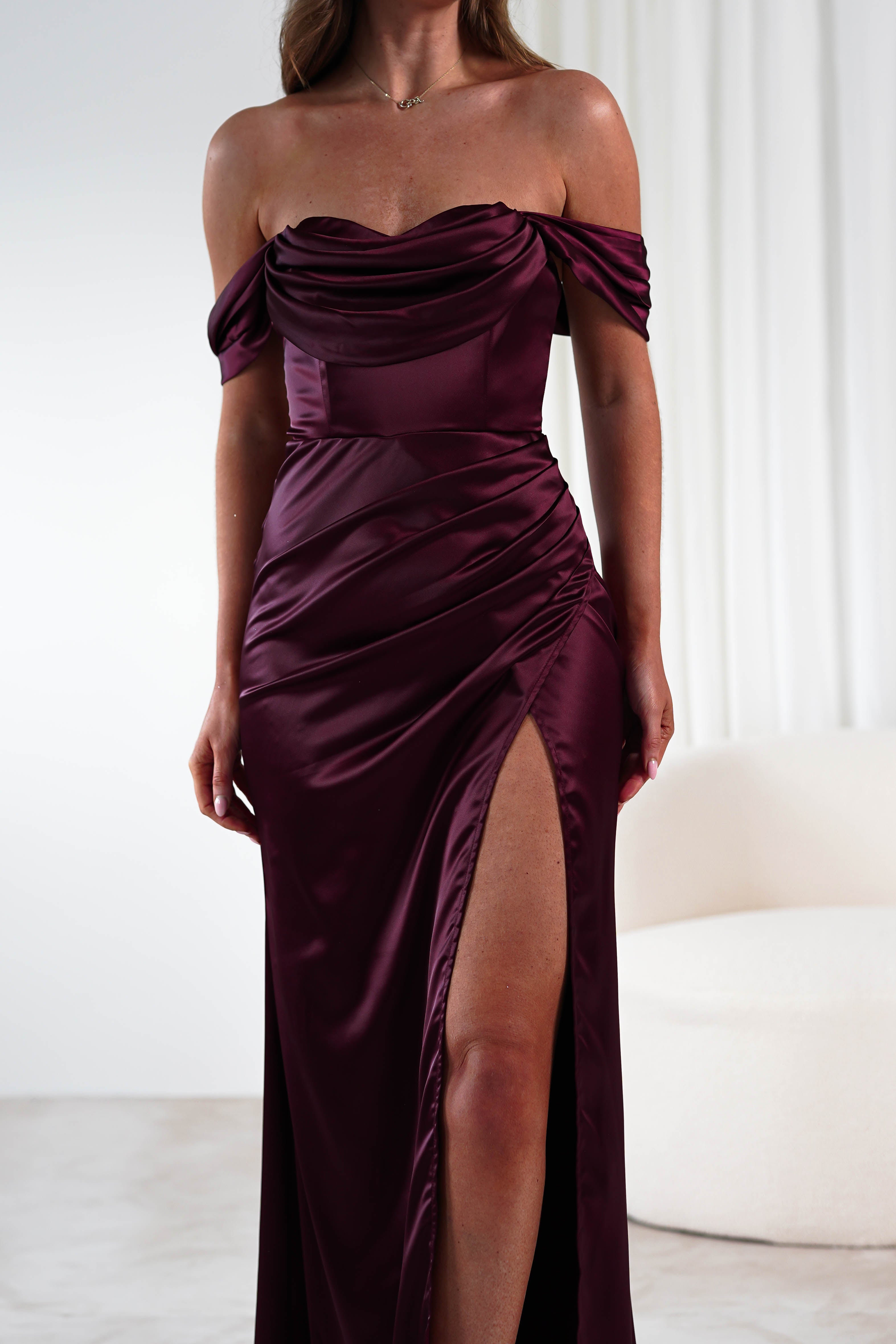Monica Off The Shoulder Gown in wine – back view | Velora premium burgundy dresses