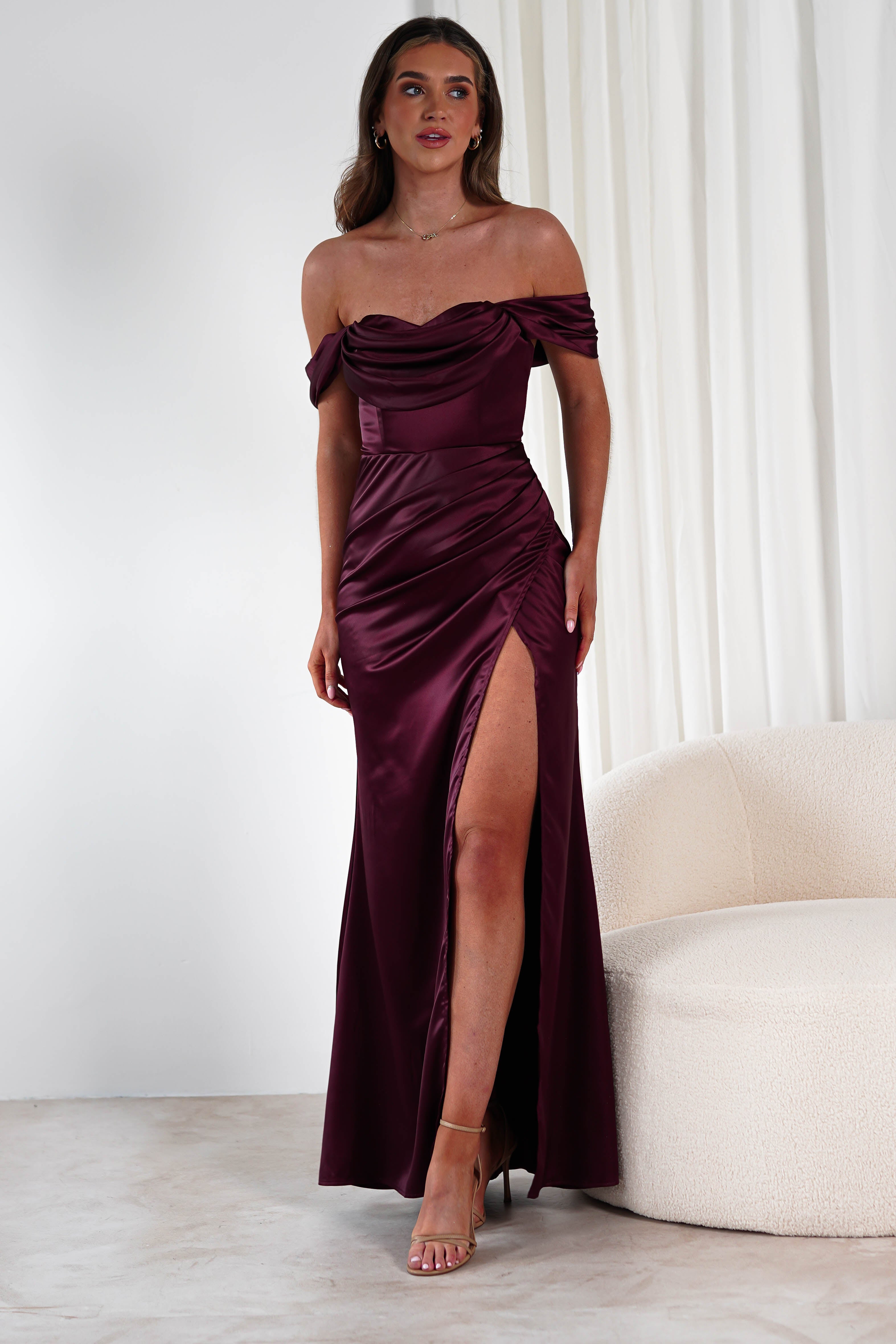 Monica Off The Shoulder Gown in wine – fabric detail | Velora premium burgundy dresses