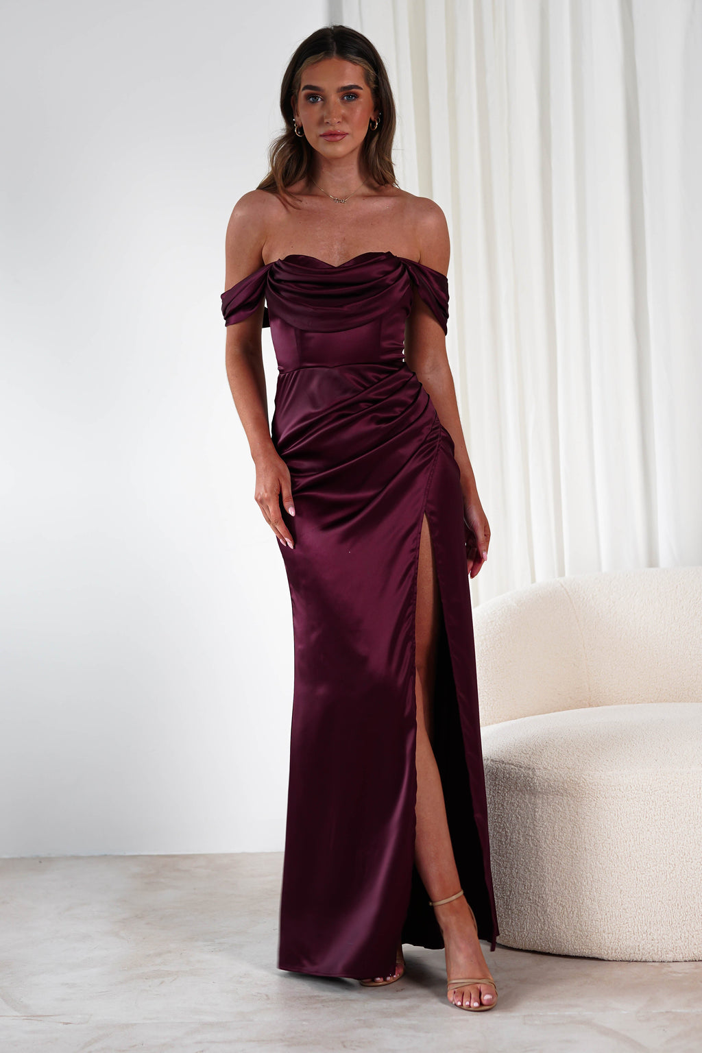 Monica Off The Shoulder Gown in wine – side view | Velora premium burgundy dresses