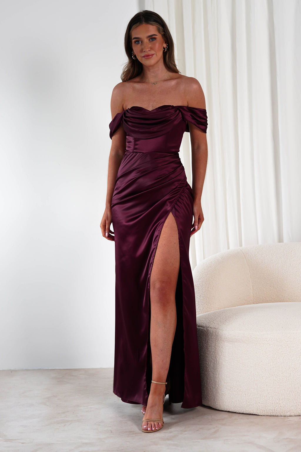 Monica Off The Shoulder Gown in wine – front view | Velora premium burgundy dresses