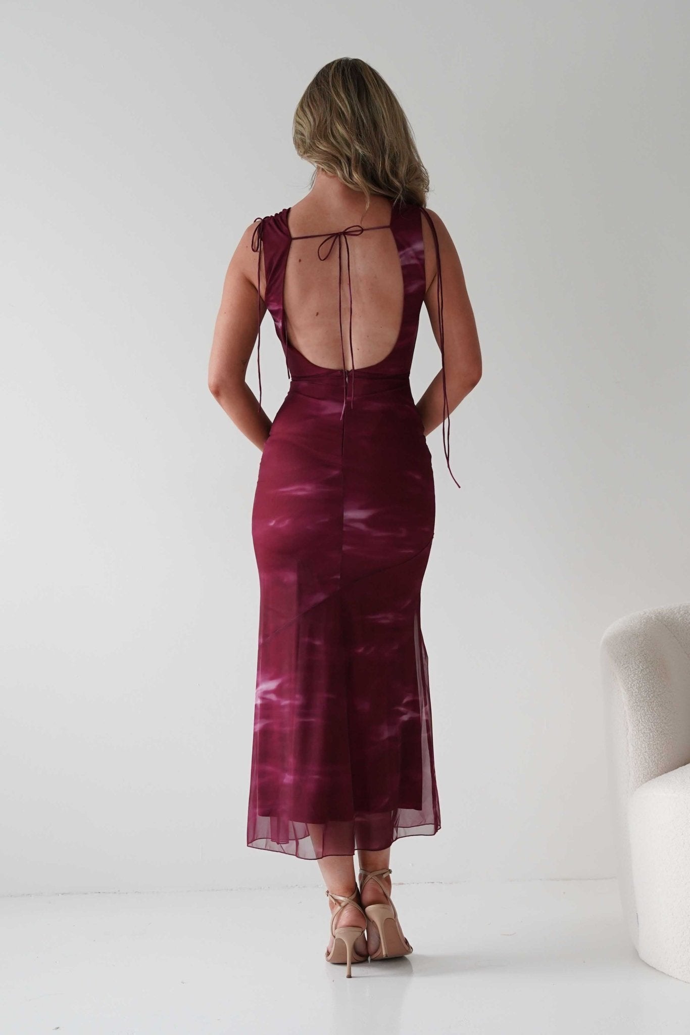 Drew Mesh Printed Maxi Dress in wine print – back view | Velora premium burgundy dresses