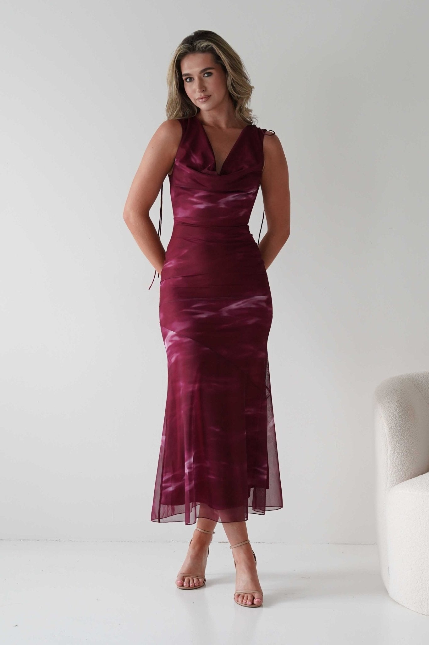 Drew Mesh Printed Maxi Dress in wine print – full length view | Velora premium burgundy dresses