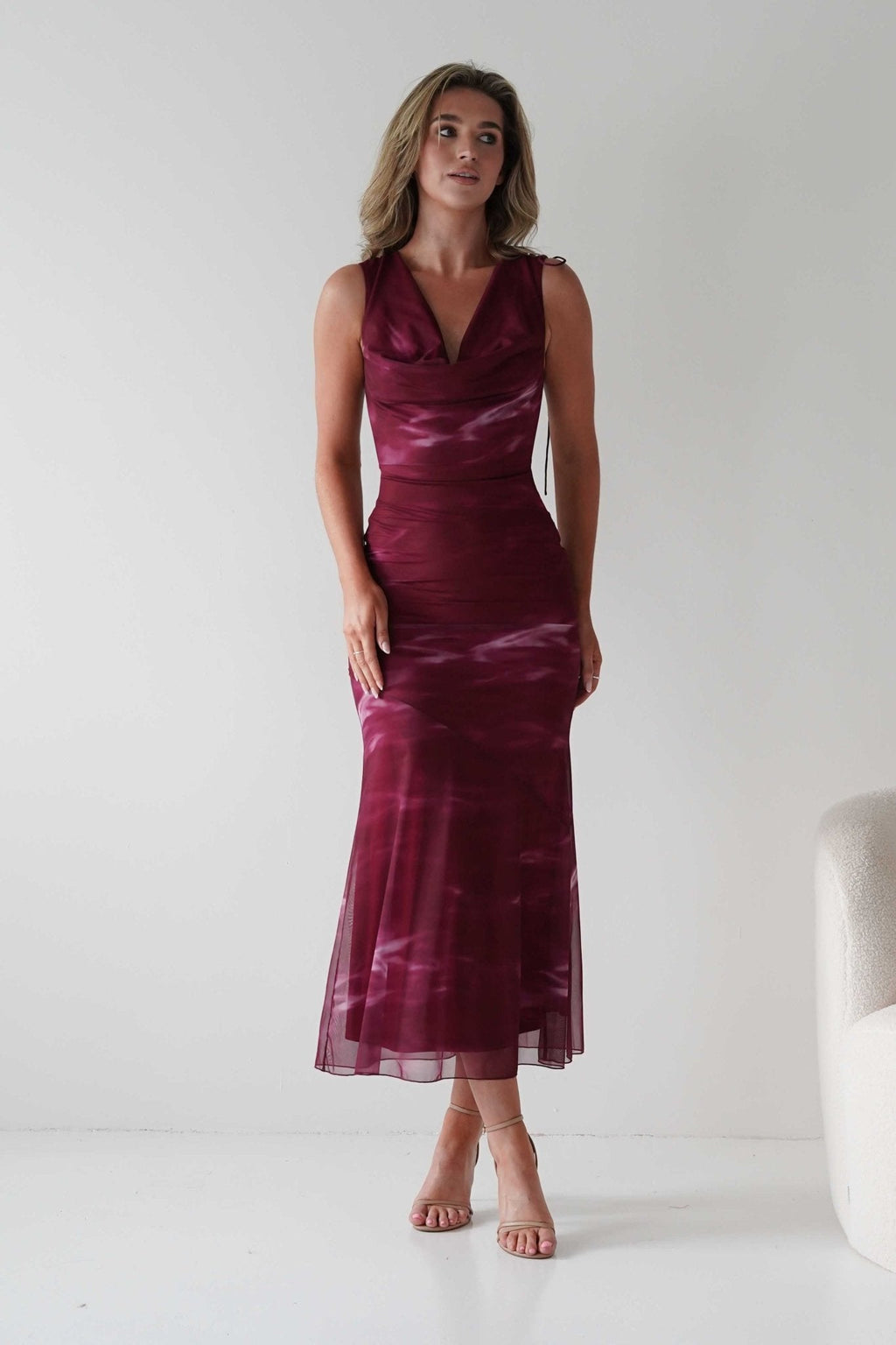 Drew Mesh Printed Maxi Dress in wine print – fabric detail | Velora premium burgundy dresses