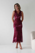 Drew Mesh Printed Maxi Dress in wine print – front view | Velora premium burgundy dresses