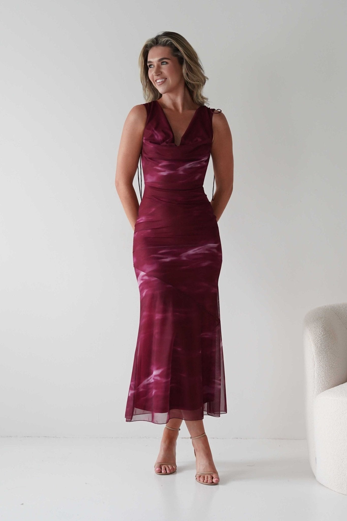 Drew Mesh Printed Maxi Dress in wine print – front view | Velora premium burgundy dresses
