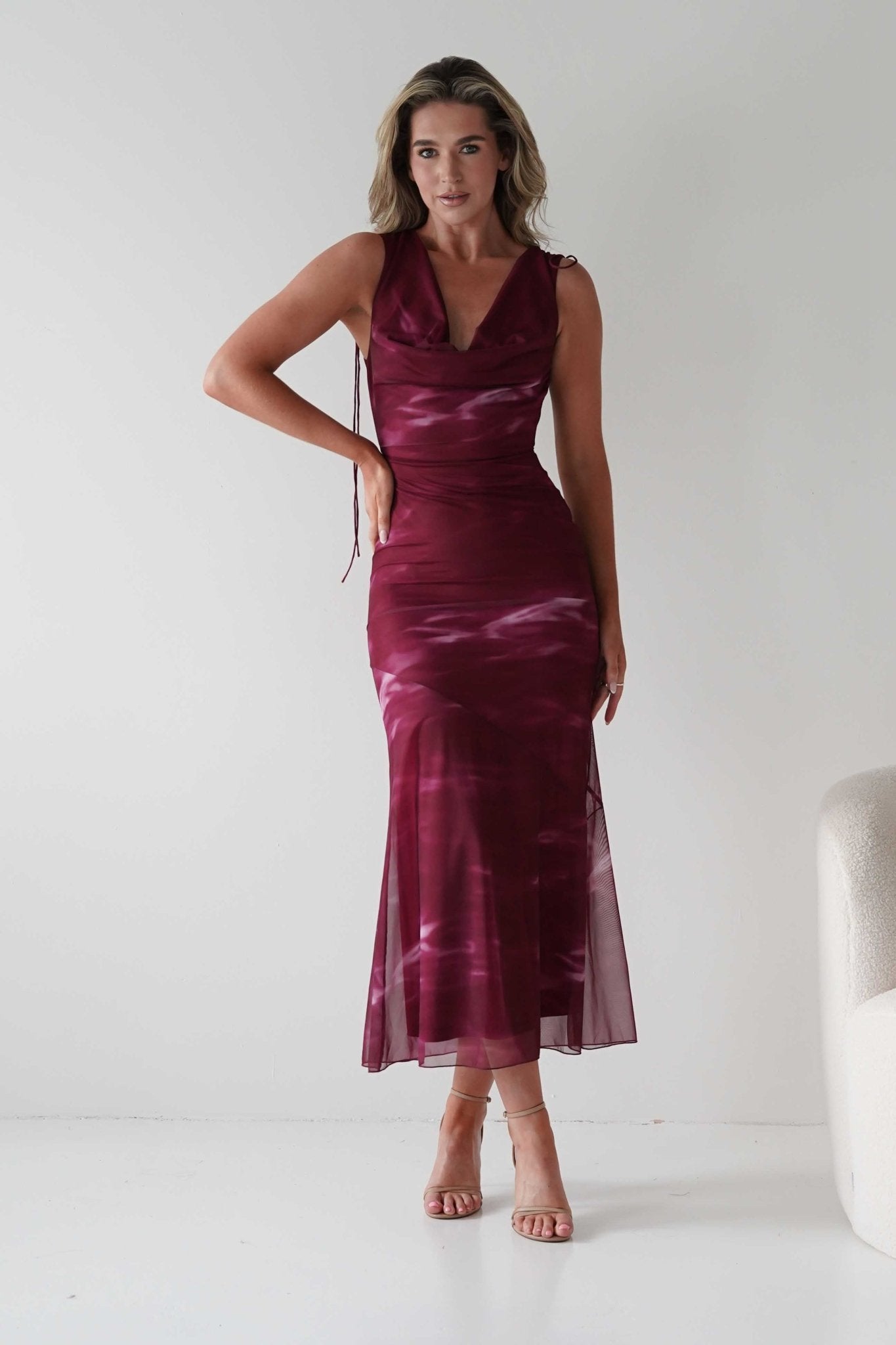 Drew Mesh Printed Maxi Dress in wine print – side view | Velora premium burgundy dresses