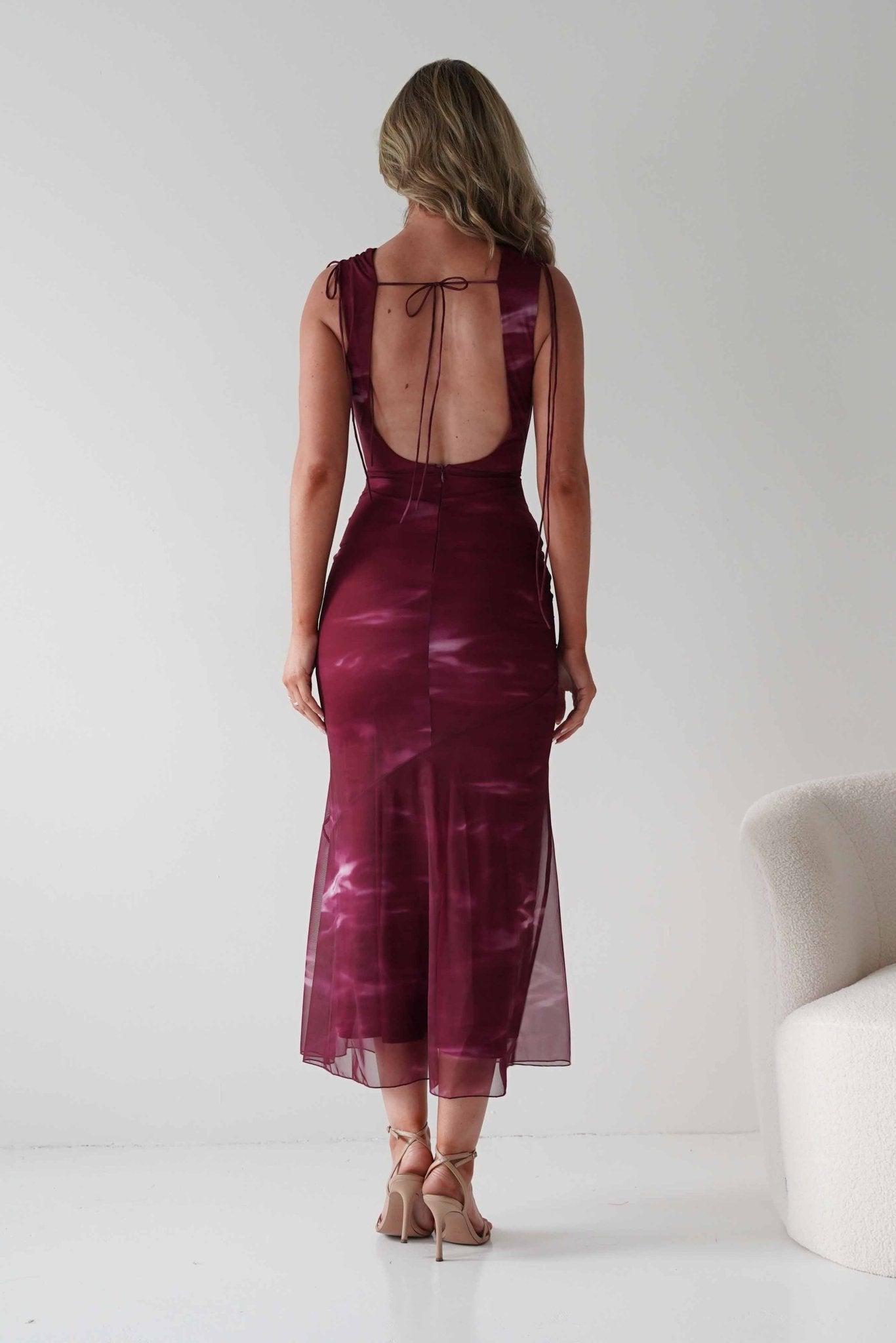 Drew Mesh Printed Maxi Dress in wine print – styled with heels | Velora premium burgundy dresses