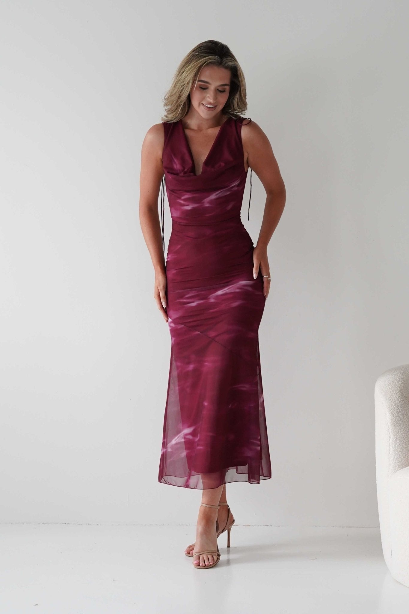 Drew Mesh Printed Maxi Dress in wine print – close-up detail | Velora premium burgundy dresses