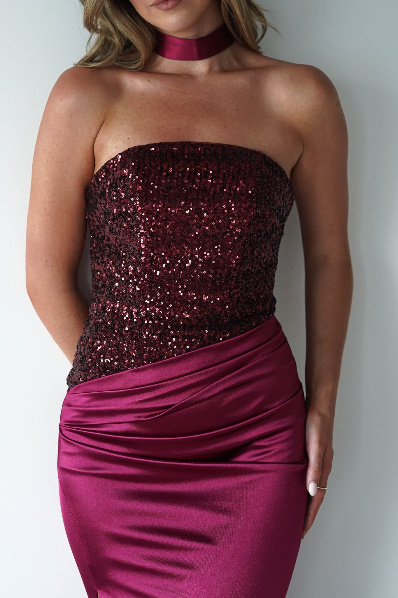 Elysia Sequin Embellished Bodice Gown in wine – close-up detail | Velora premium burgundy dresses