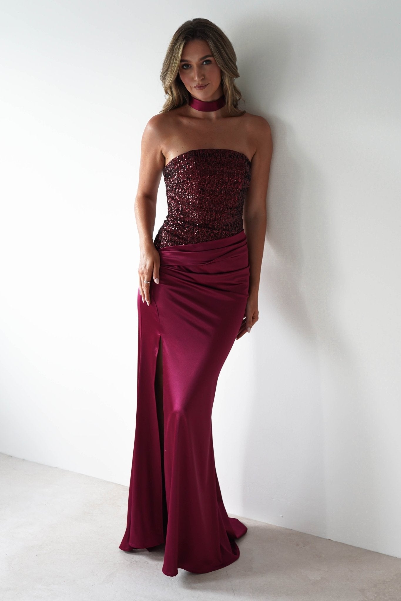 Elysia Sequin Embellished Bodice Gown in wine – three-quarter view | Velora premium burgundy dresses