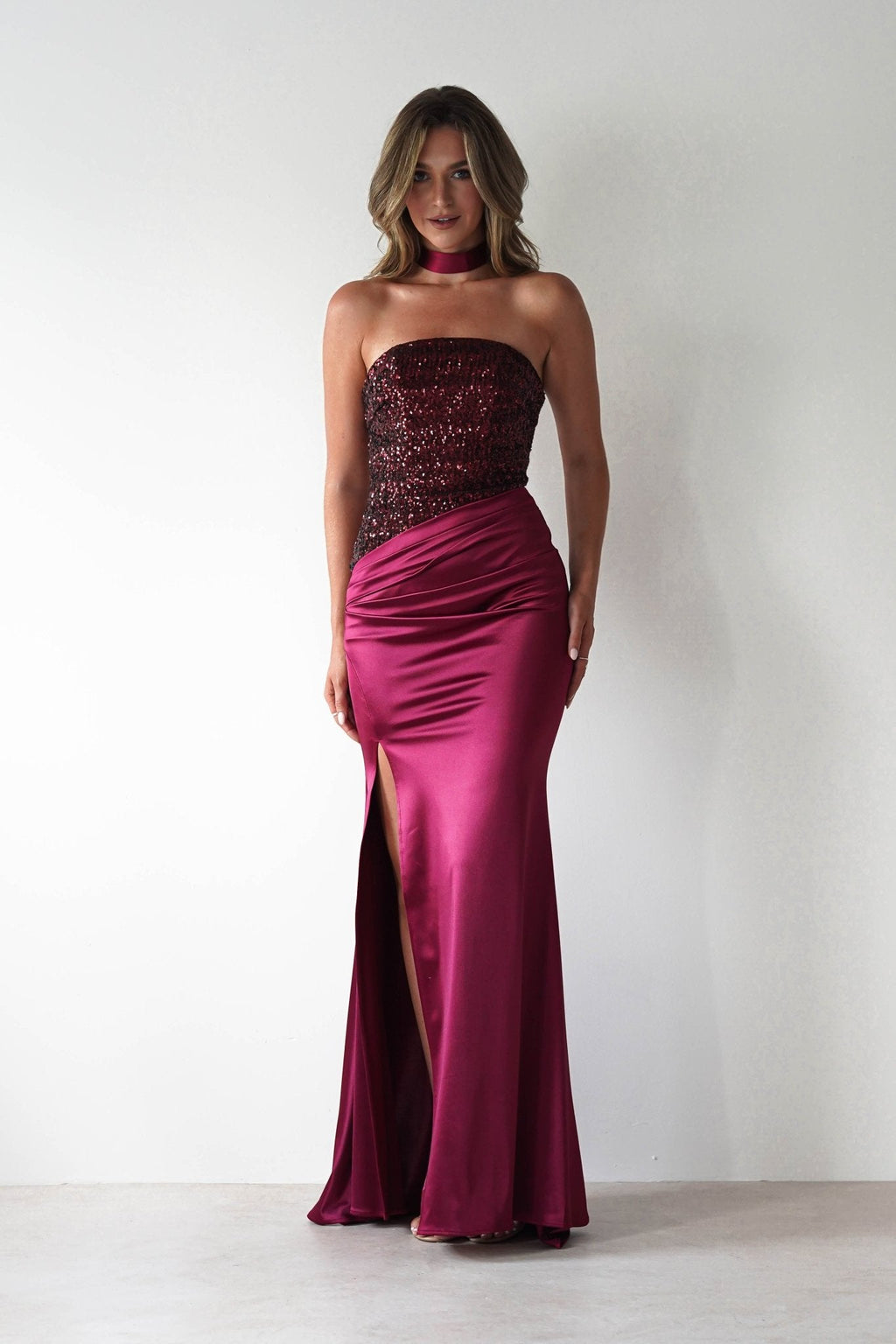 Elysia Sequin Embellished Bodice Gown in wine – hem detail | Velora premium burgundy dresses