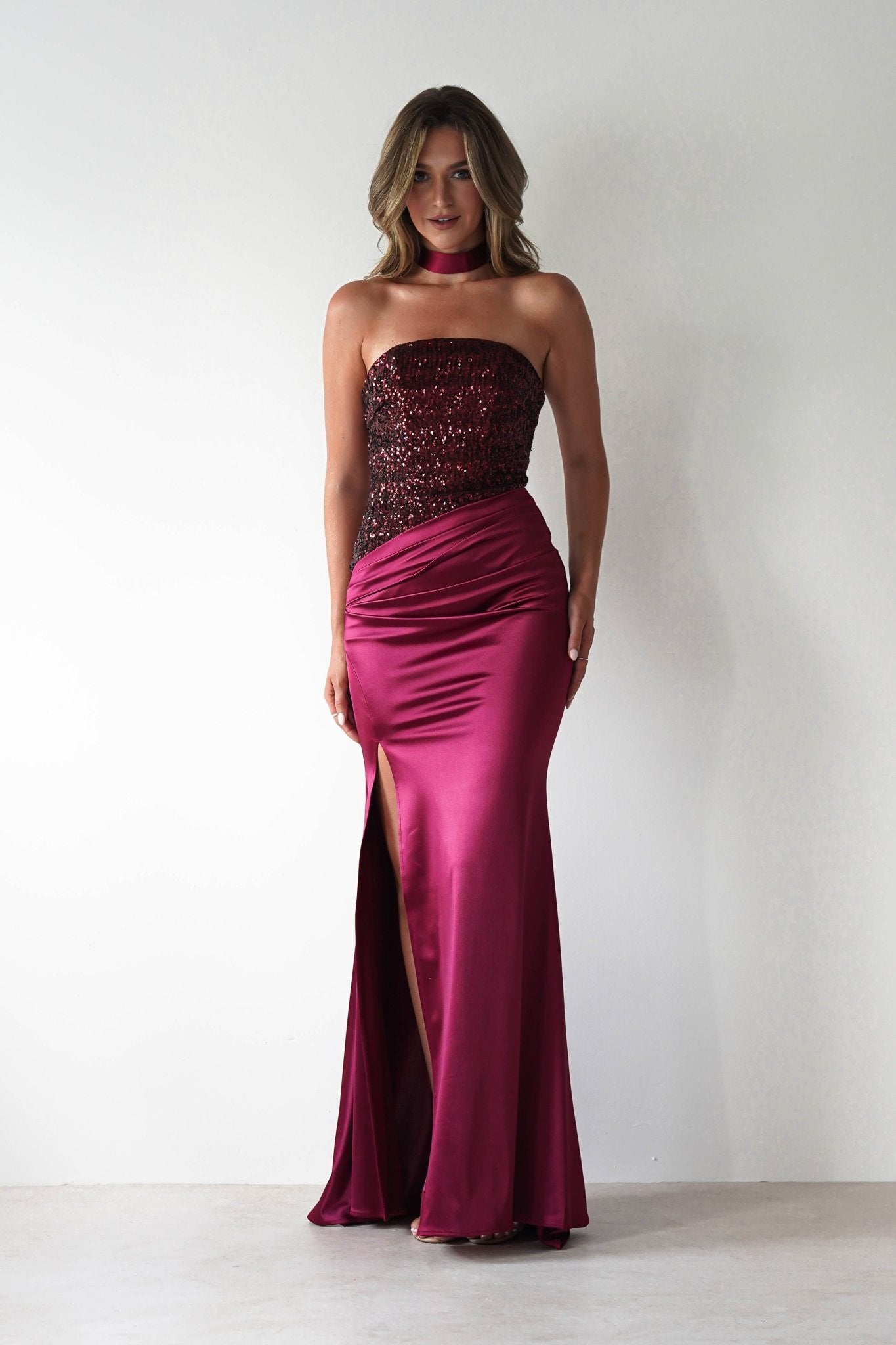 Elysia Sequin Embellished Bodice Gown in wine – hem detail | Velora premium burgundy dresses