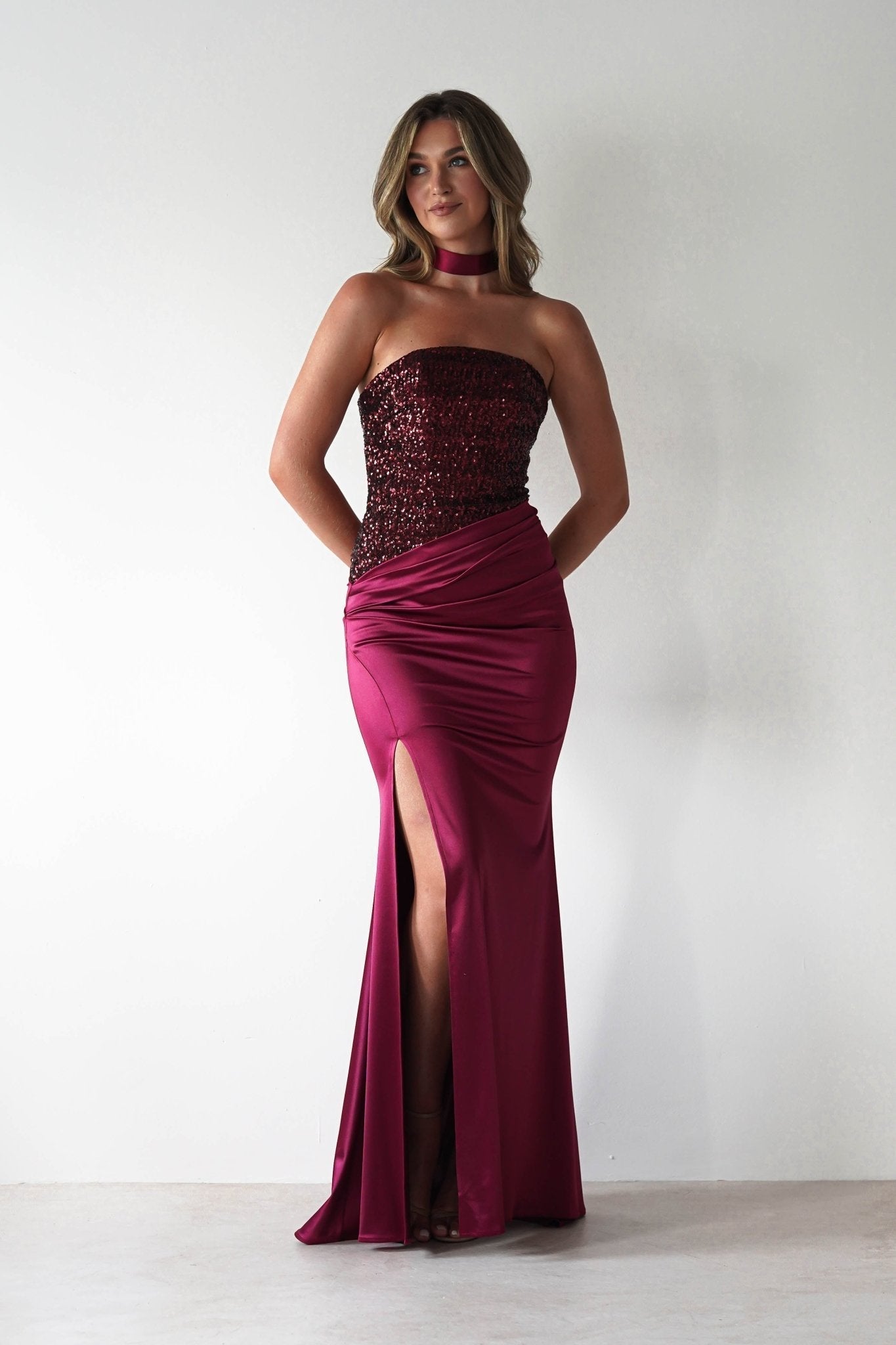 Elysia Sequin Embellished Bodice Gown in wine – full length view | Velora premium burgundy dresses