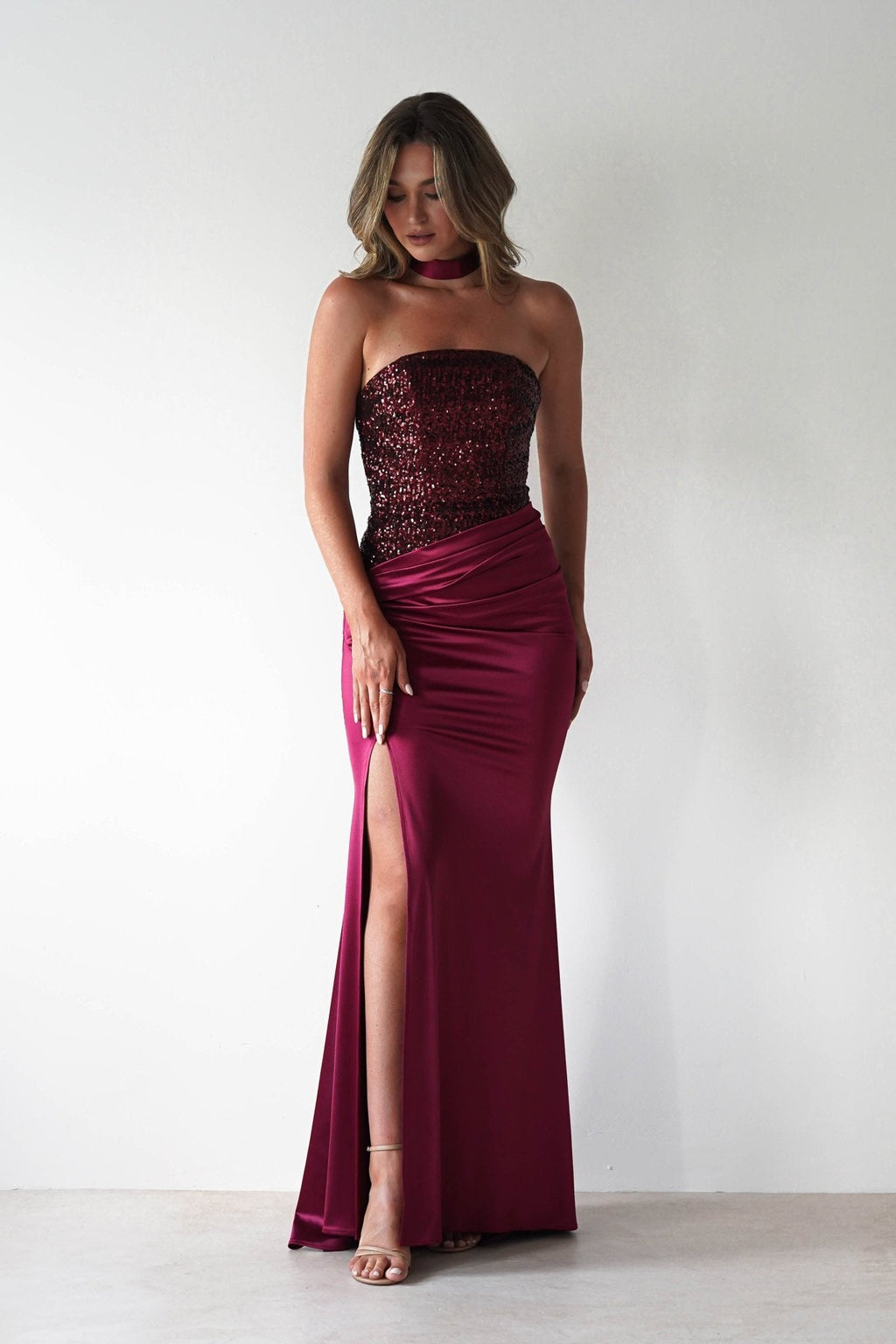Elysia Sequin Embellished Bodice Gown in wine – side view | Velora premium burgundy dresses