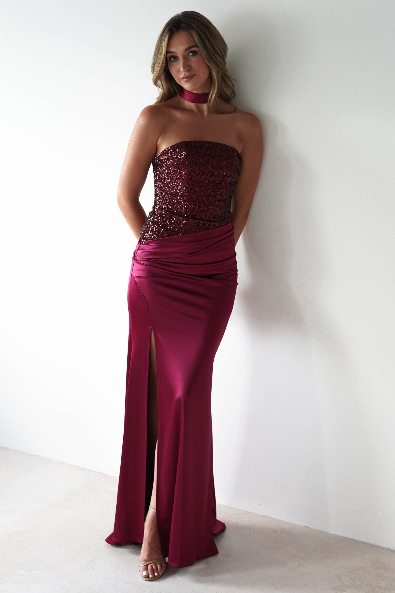 Elysia Sequin Embellished Bodice Gown in wine – seated view | Velora premium burgundy dresses
