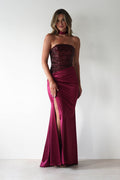 Elysia Sequin Embellished Bodice Gown in wine – front view | Velora premium burgundy dresses