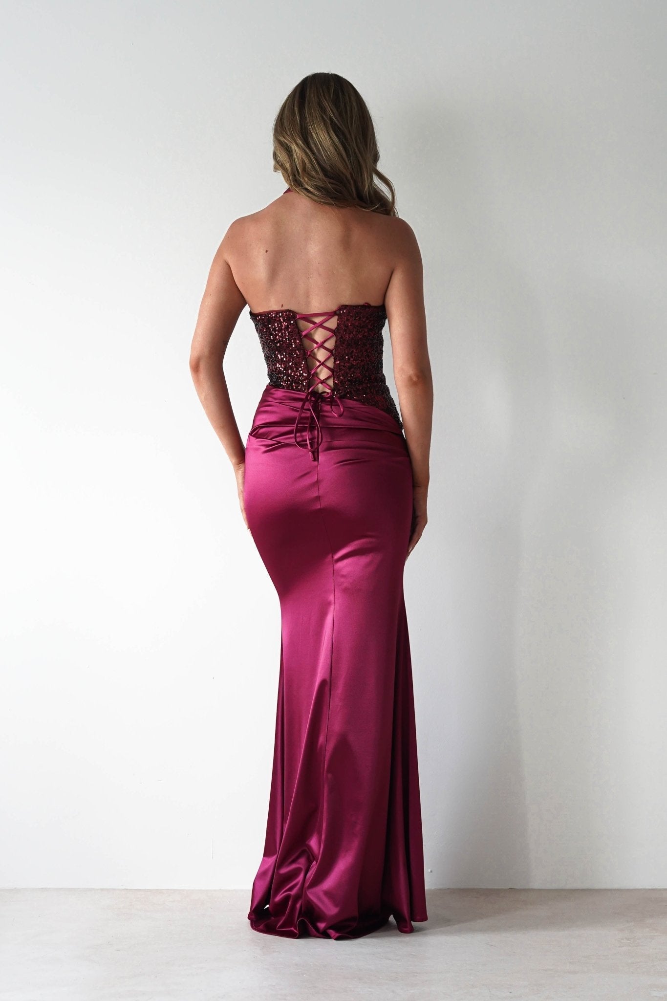 Elysia Sequin Embellished Bodice Gown in wine – back view | Velora premium burgundy dresses