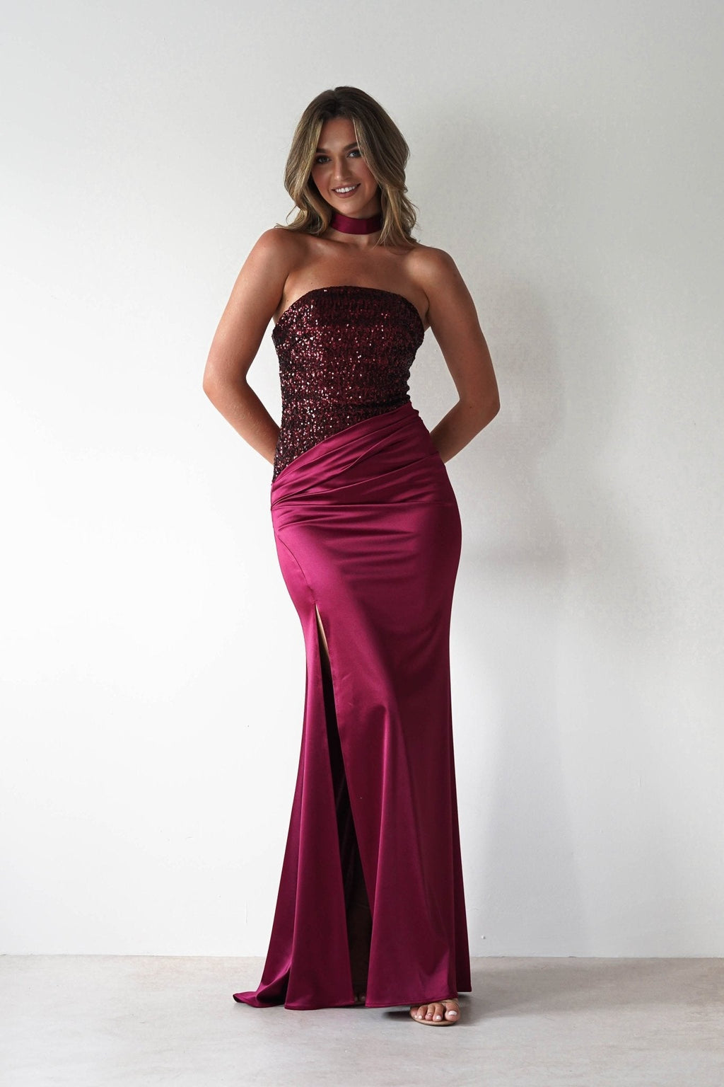 Elysia Sequin Embellished Bodice Gown in wine – neckline detail | Velora premium burgundy dresses