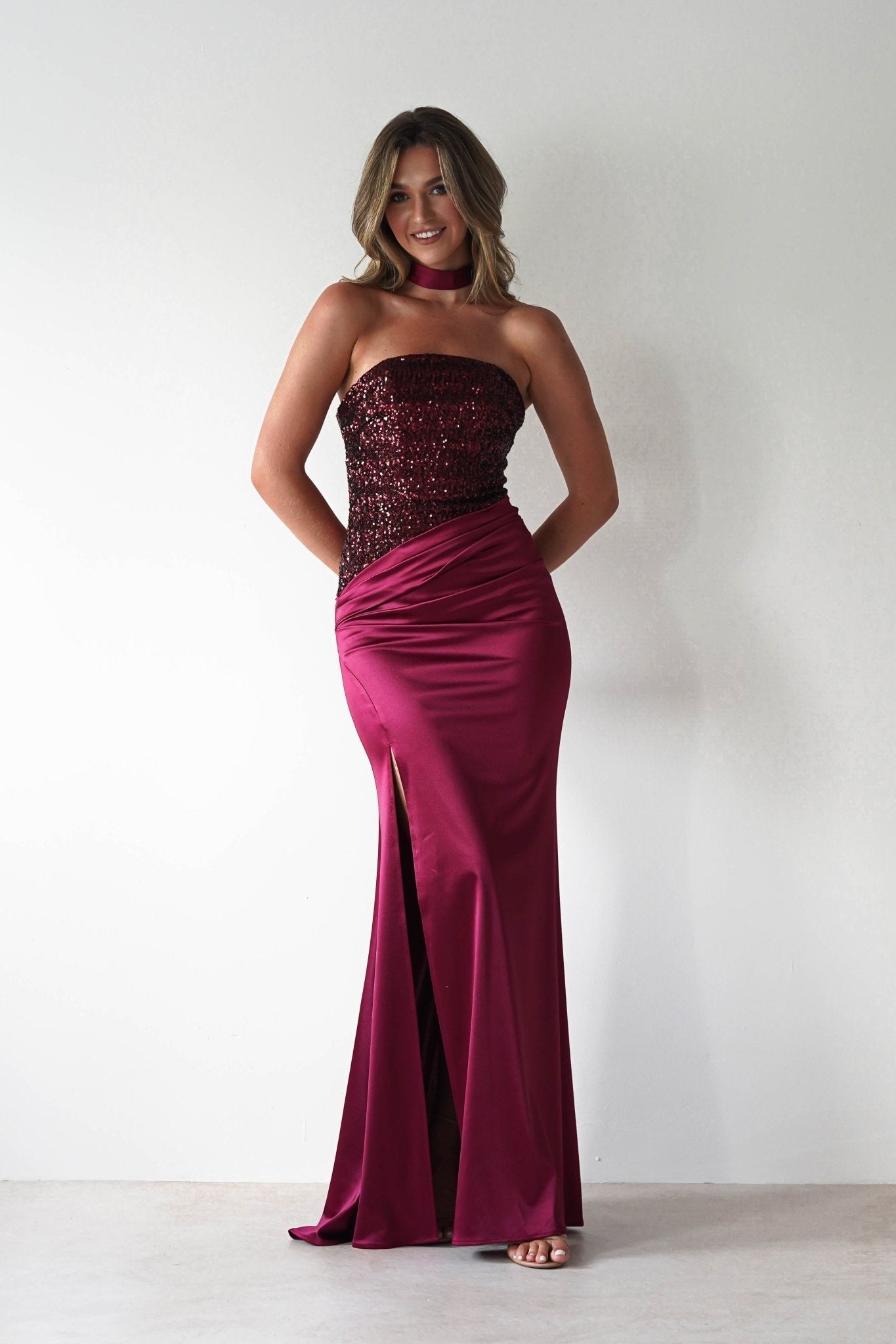 Elysia Sequin Embellished Bodice Gown in wine – neckline detail | Velora premium burgundy dresses