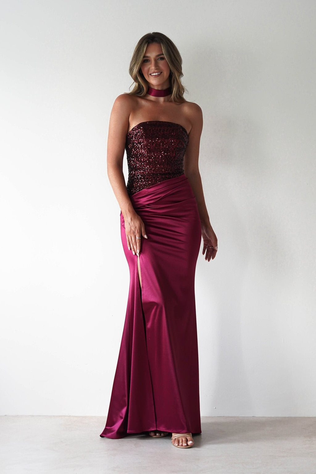 Elysia Sequin Embellished Bodice Gown in wine – fabric detail | Velora premium burgundy dresses
