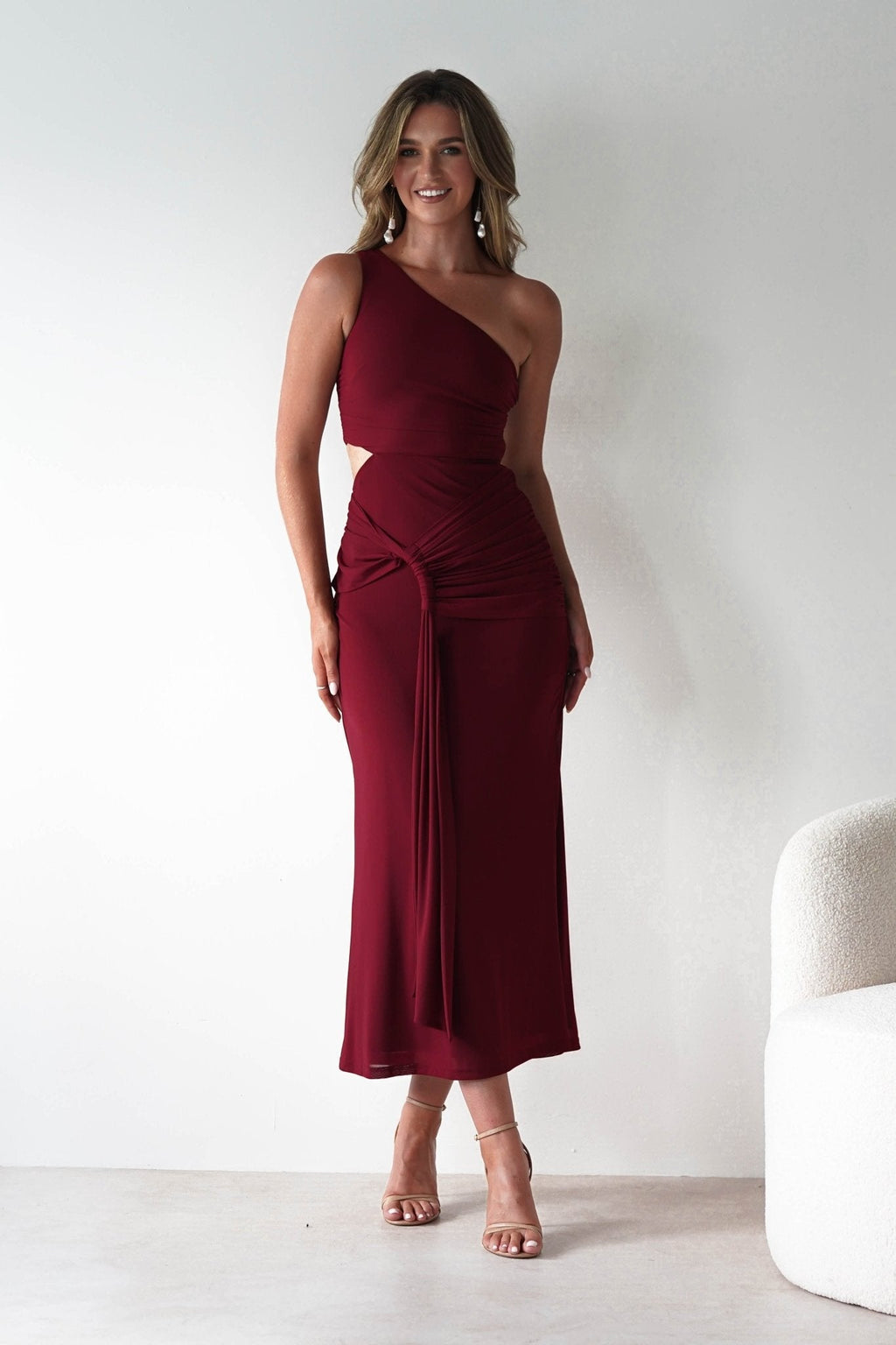 Georgia One Shoulder Mesh Midaxi Dress in wine – front view | Velora premium burgundy dresses