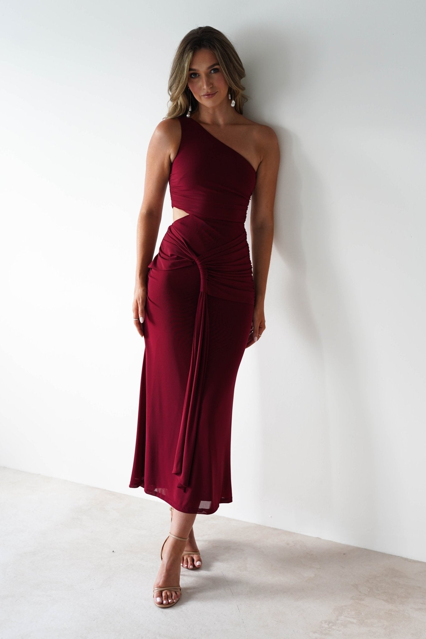 Georgia One Shoulder Mesh Midaxi Dress in wine – close-up detail | Velora premium burgundy dresses