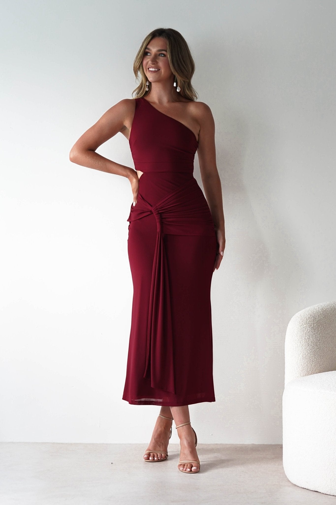 Georgia One Shoulder Mesh Midaxi Dress in wine – side view | Velora premium burgundy dresses