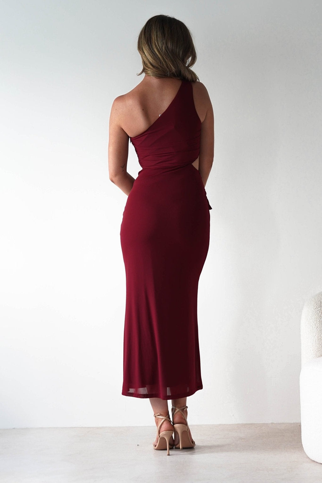 Georgia One Shoulder Mesh Midaxi Dress in wine – full length view | Velora premium burgundy dresses