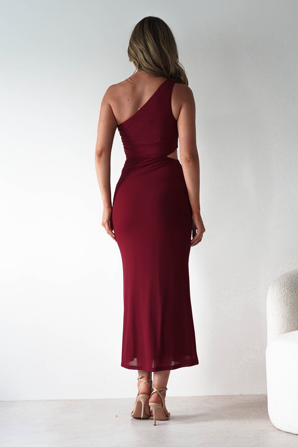 Georgia One Shoulder Mesh Midaxi Dress in wine – back view | Velora premium burgundy dresses