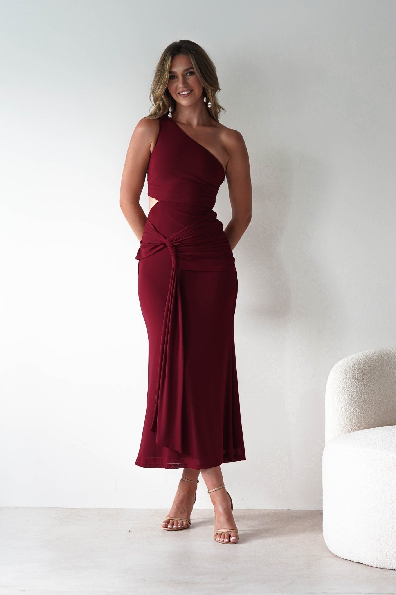 Georgia One Shoulder Mesh Midaxi Dress in wine – fabric detail | Velora premium burgundy dresses