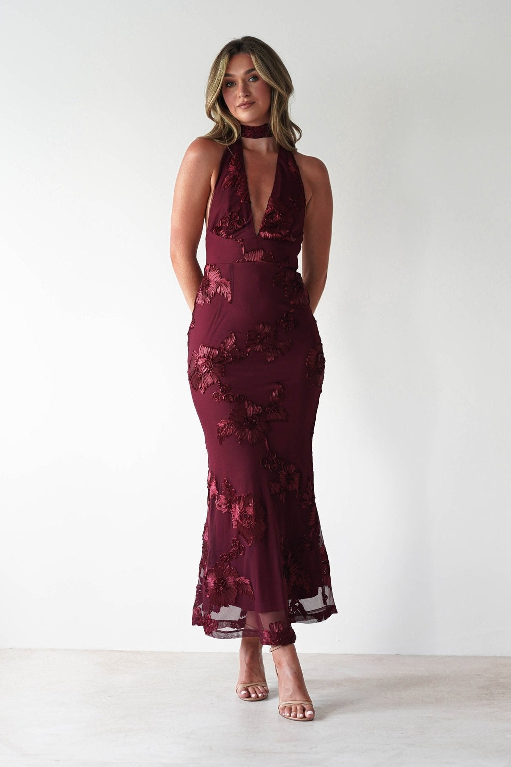 Halsey Tie Back Maxi Dress in wine textured – side view | Velora premium burgundy dresses