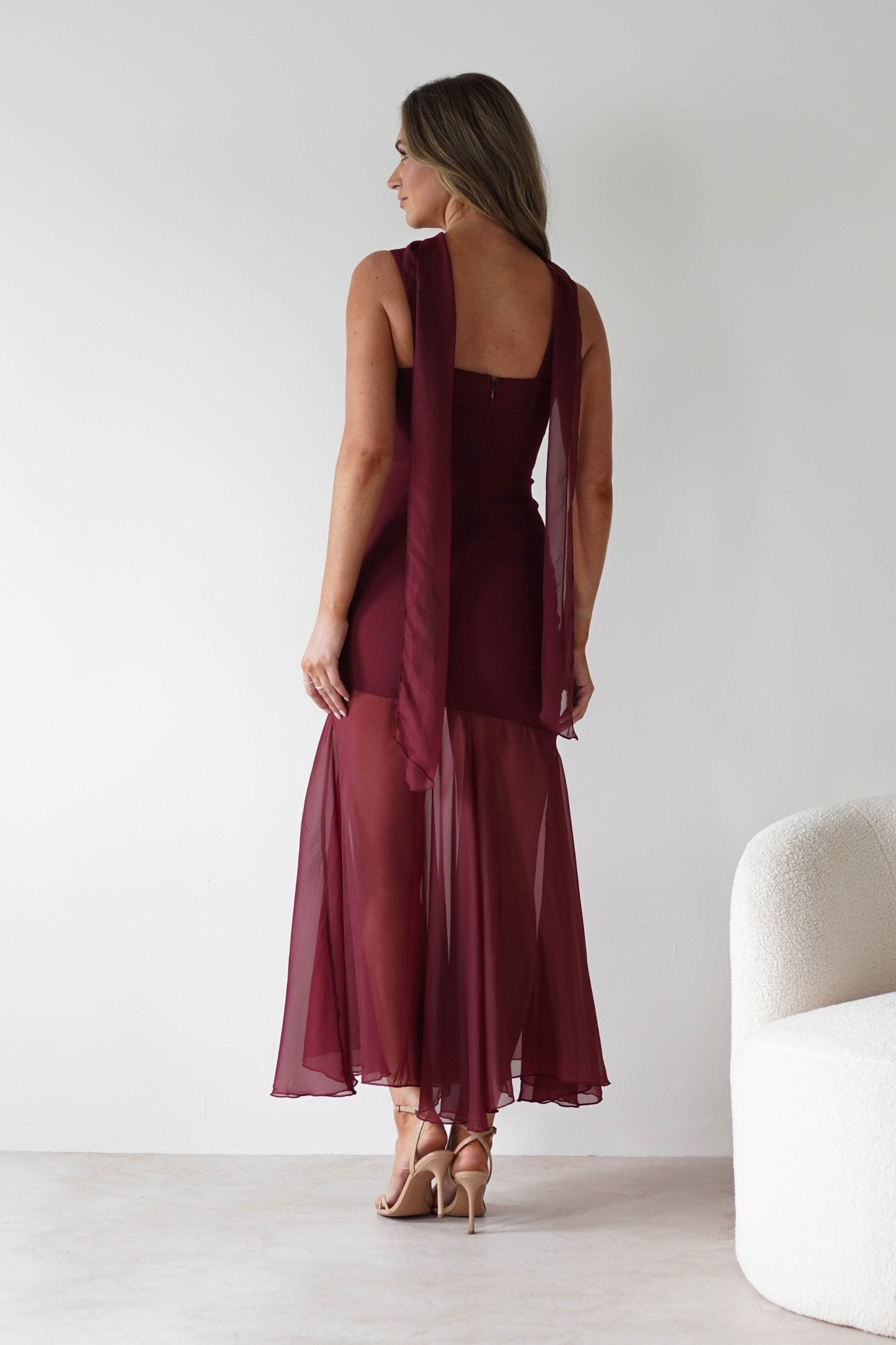 Harmony Square Neck Bodycon Maxi Dress in wine – back view | Velora premium burgundy dresses