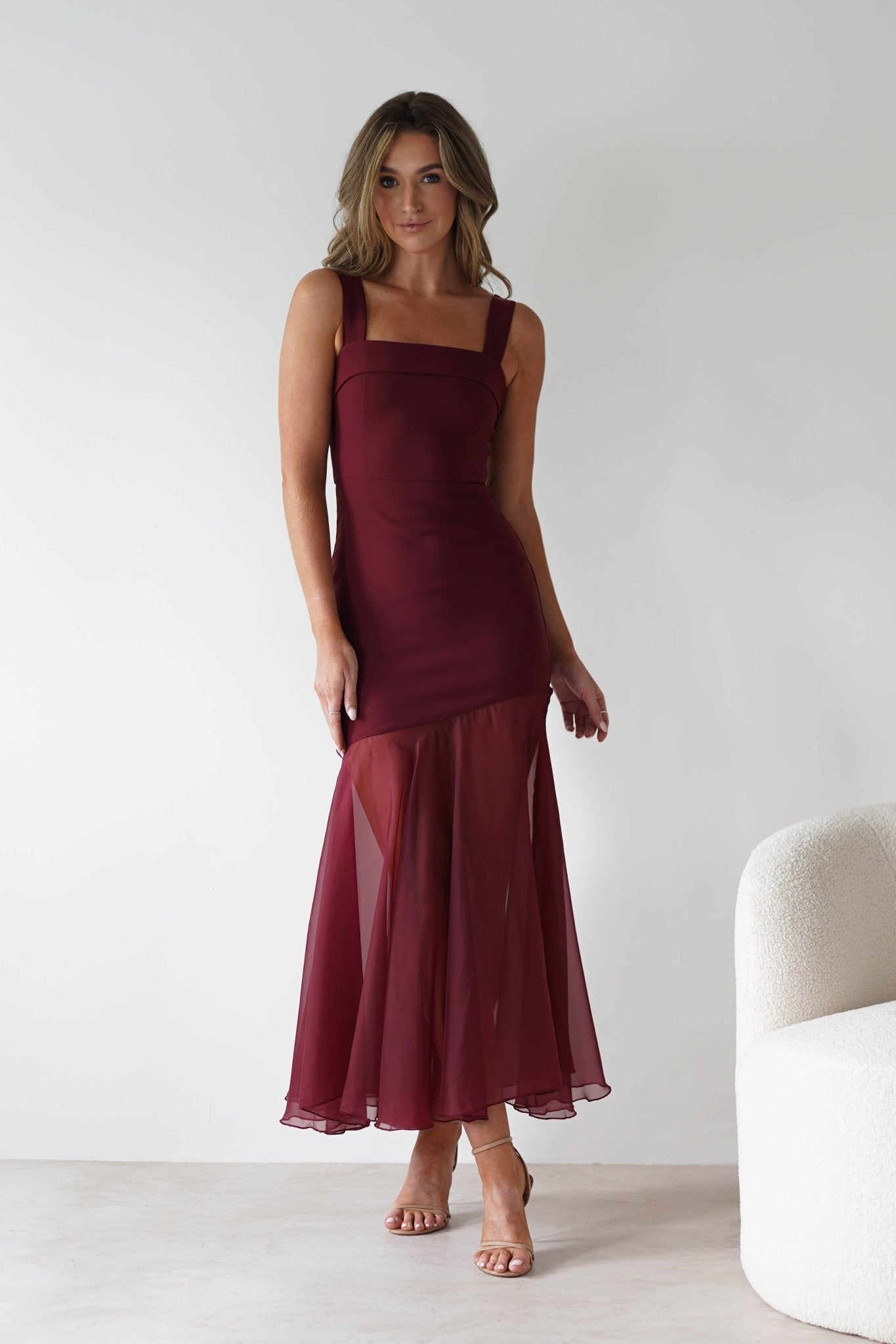 Harmony Square Neck Bodycon Maxi Dress in wine – side view | Velora premium burgundy dresses