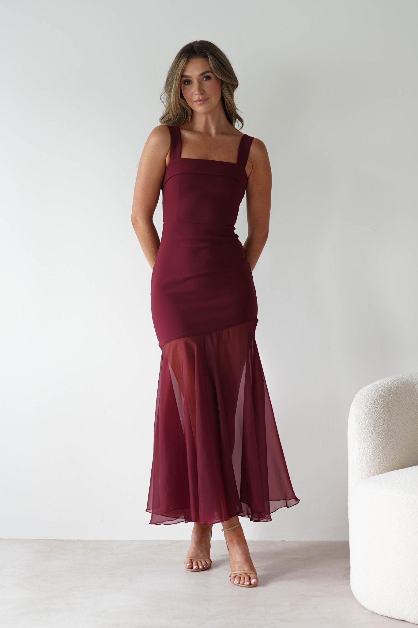Harmony Square Neck Bodycon Maxi Dress in wine – front view | Velora premium burgundy dresses