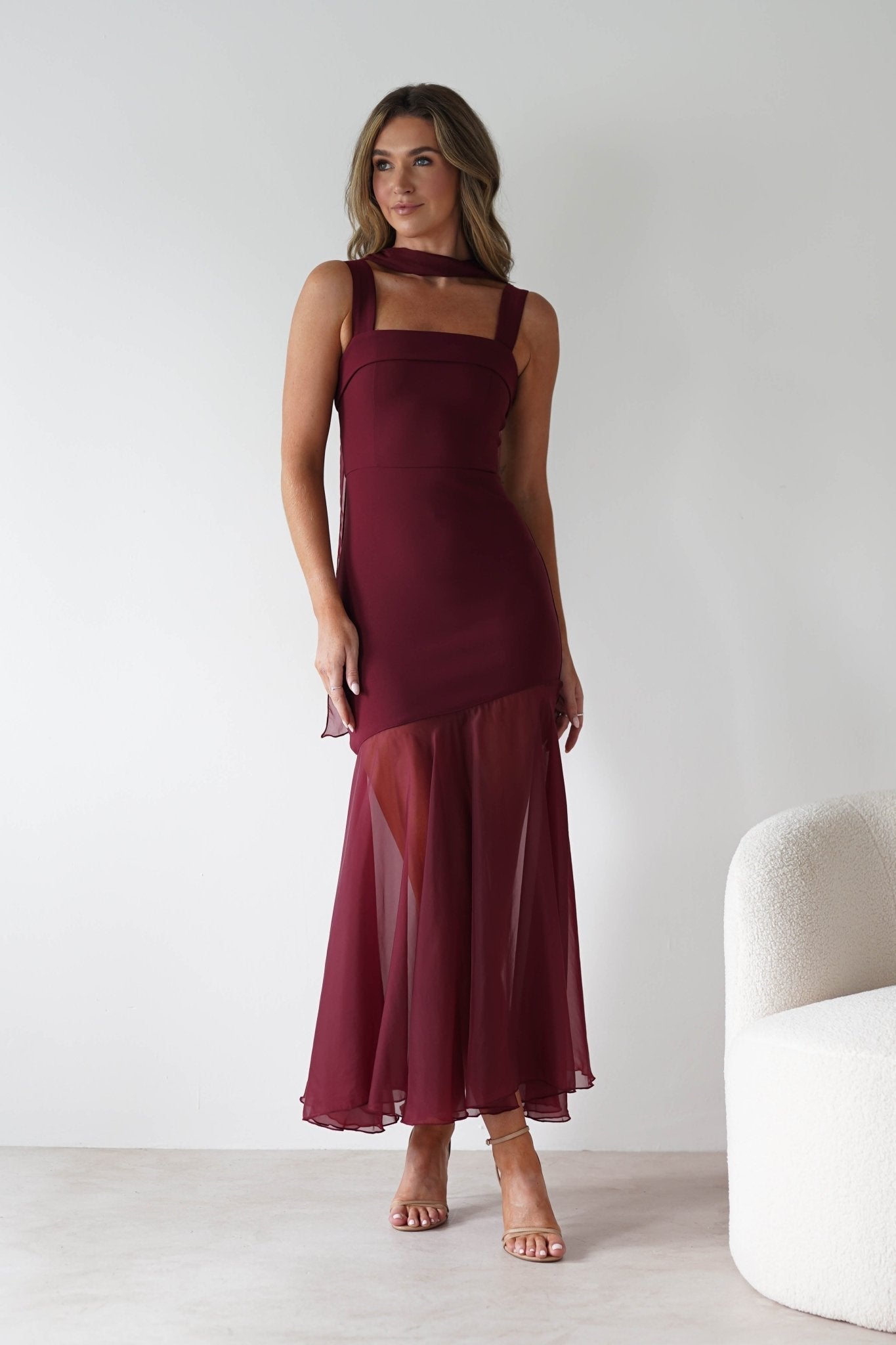 Harmony Square Neck Bodycon Maxi Dress in wine – full length view | Velora premium burgundy dresses