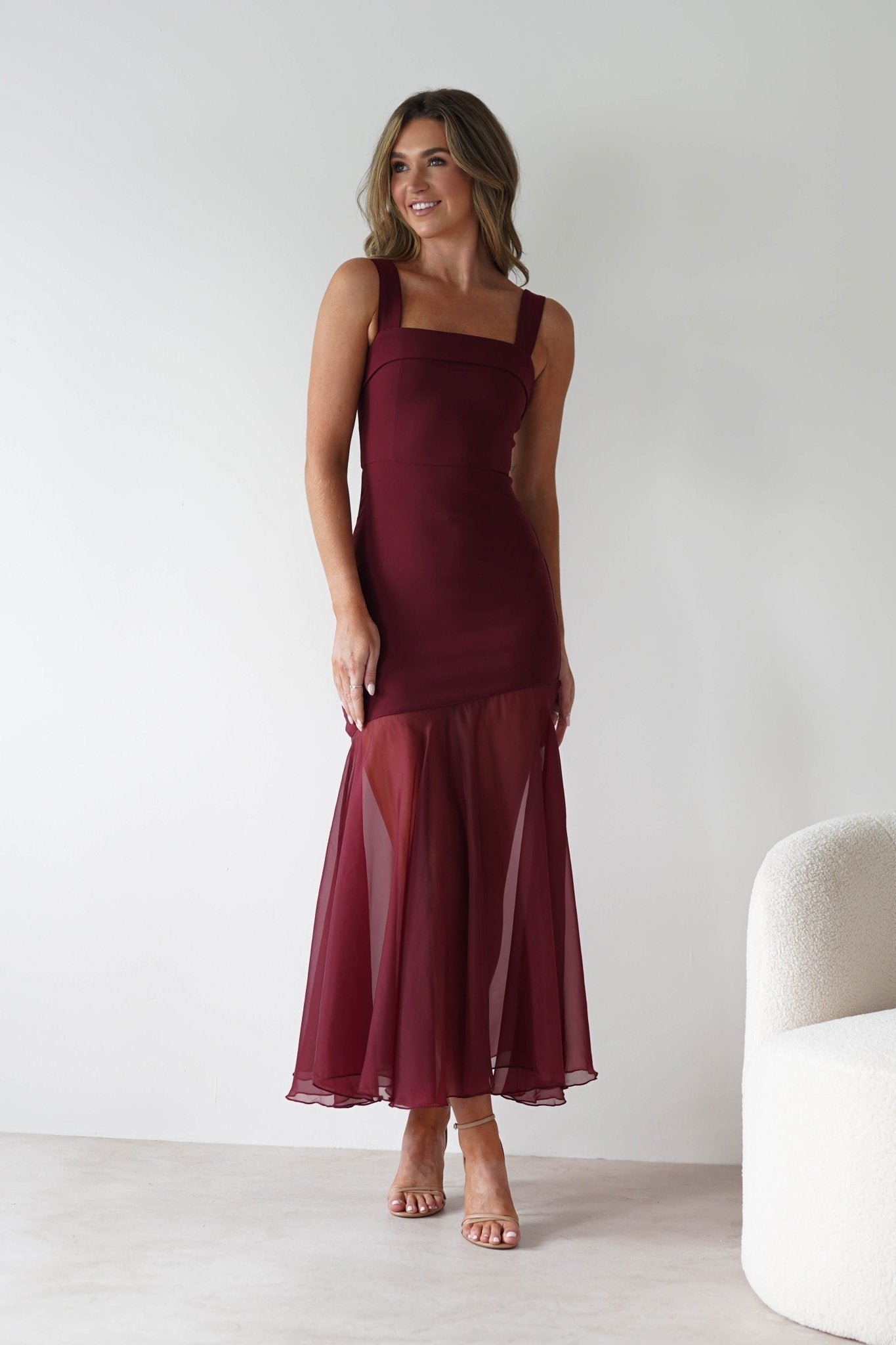 Harmony Square Neck Bodycon Maxi Dress in wine – three-quarter view | Velora premium burgundy dresses