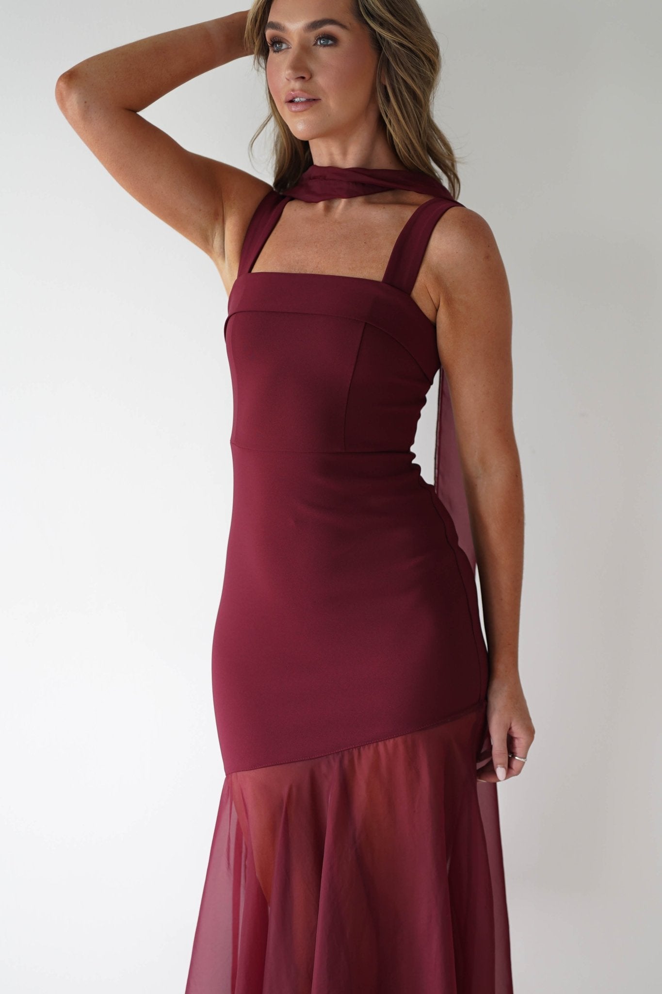 Harmony Square Neck Bodycon Maxi Dress in wine – fabric detail | Velora premium burgundy dresses