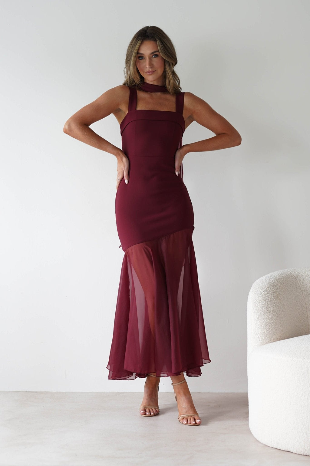Harmony Square Neck Bodycon Maxi Dress in wine – shoulder detail | Velora premium burgundy dresses