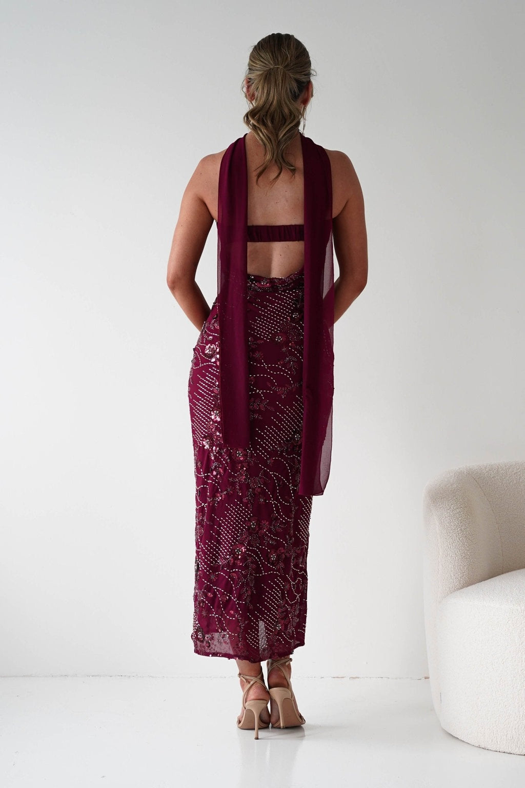Hayleigh Beaded Strapless Maxi Dress in wine – neckline detail | Velora premium burgundy dresses