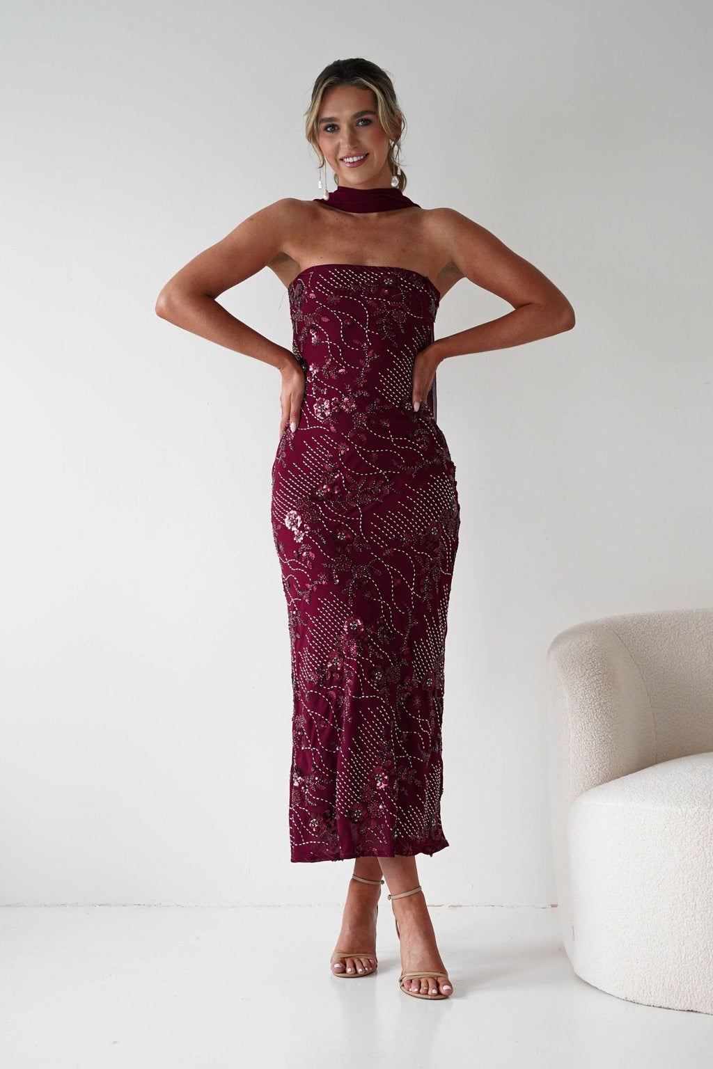 Hayleigh Beaded Strapless Maxi Dress in wine – hem detail | Velora premium burgundy dresses