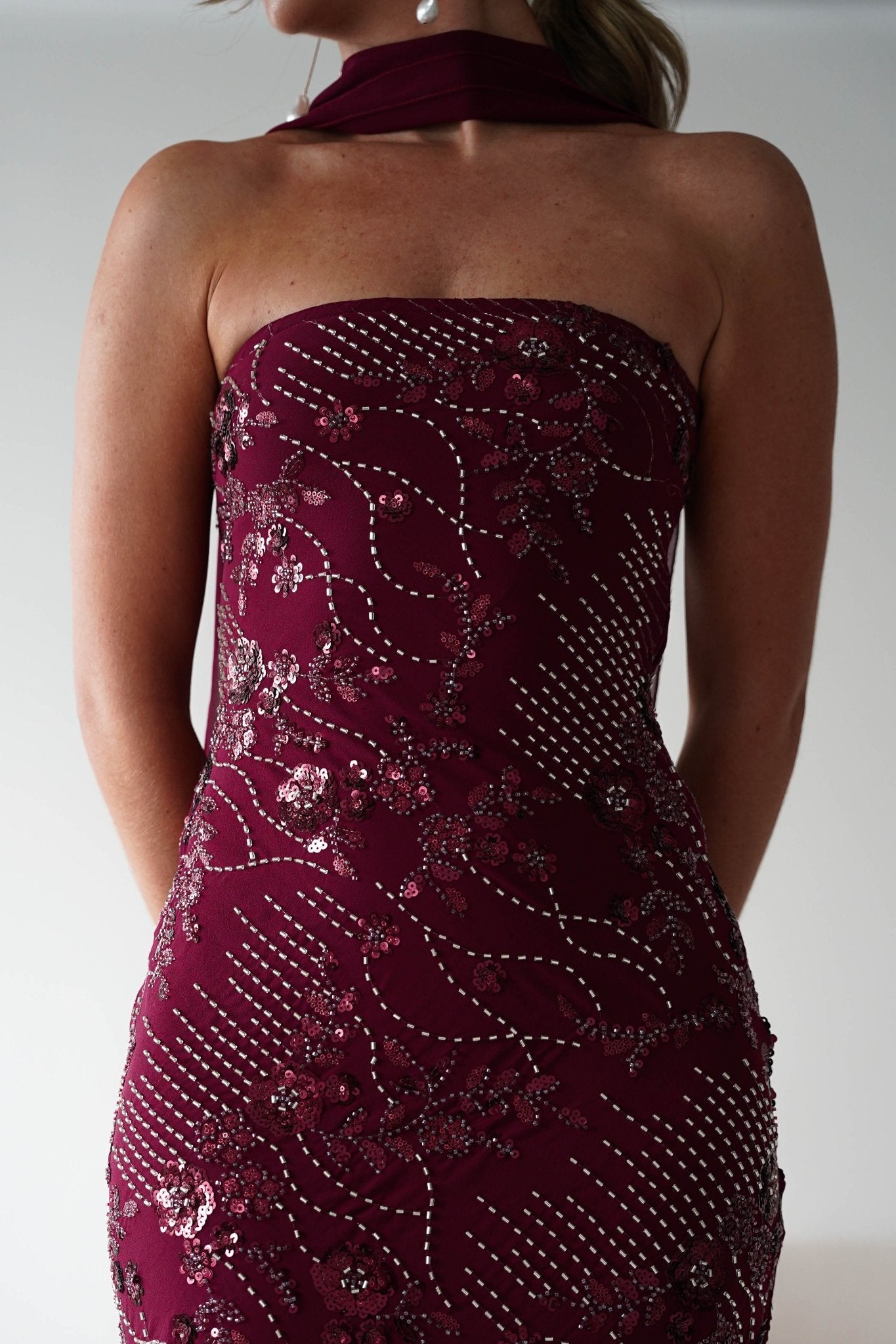 Hayleigh Beaded Strapless Maxi Dress in wine – close-up detail | Velora premium burgundy dresses