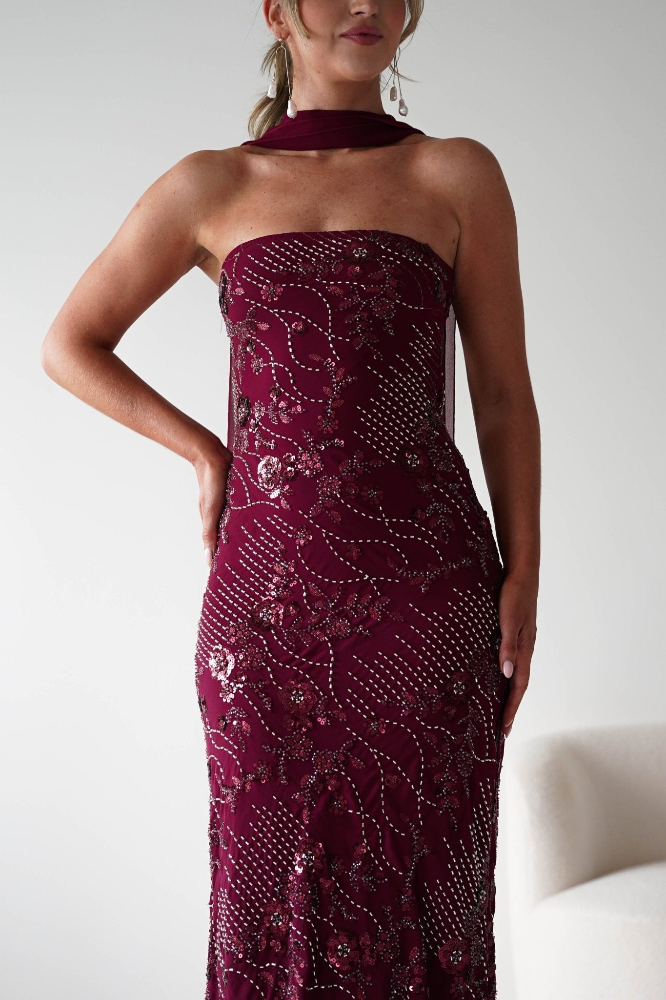 Hayleigh Beaded Strapless Maxi Dress in wine – fabric detail | Velora premium burgundy dresses