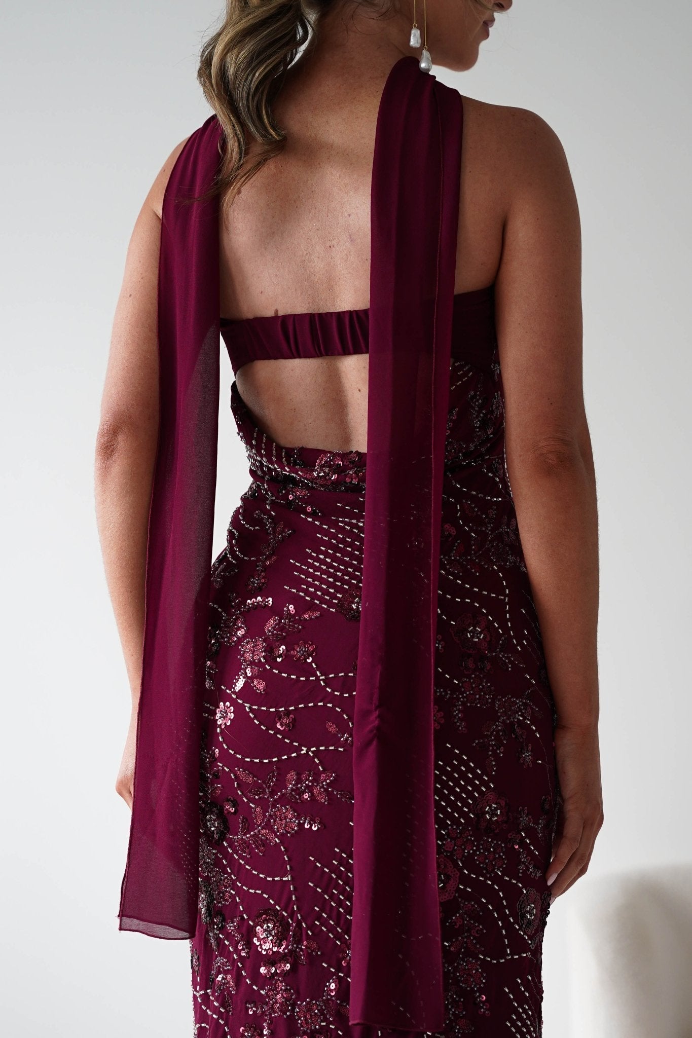 Hayleigh Beaded Strapless Maxi Dress in wine – full length view | Velora premium burgundy dresses