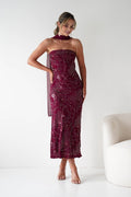 Hayleigh Beaded Strapless Maxi Dress in wine – front view | Velora premium burgundy dresses