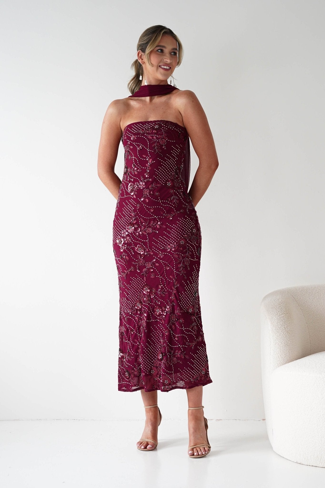 Hayleigh Beaded Strapless Maxi Dress in wine – three-quarter view | Velora premium burgundy dresses