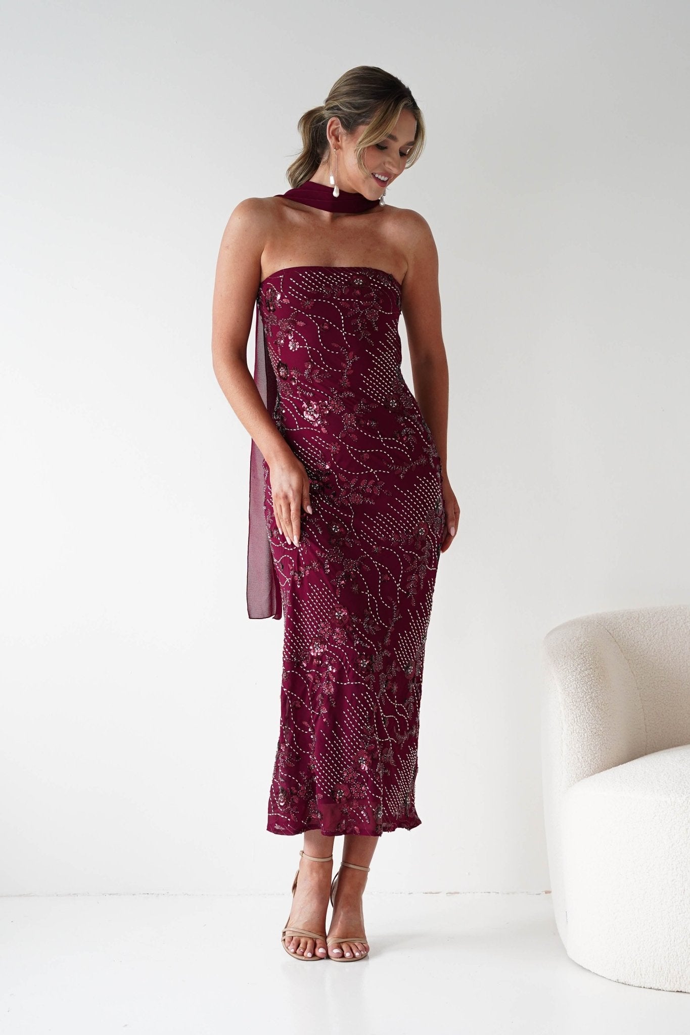 Hayleigh Beaded Strapless Maxi Dress in wine – back view | Velora premium burgundy dresses