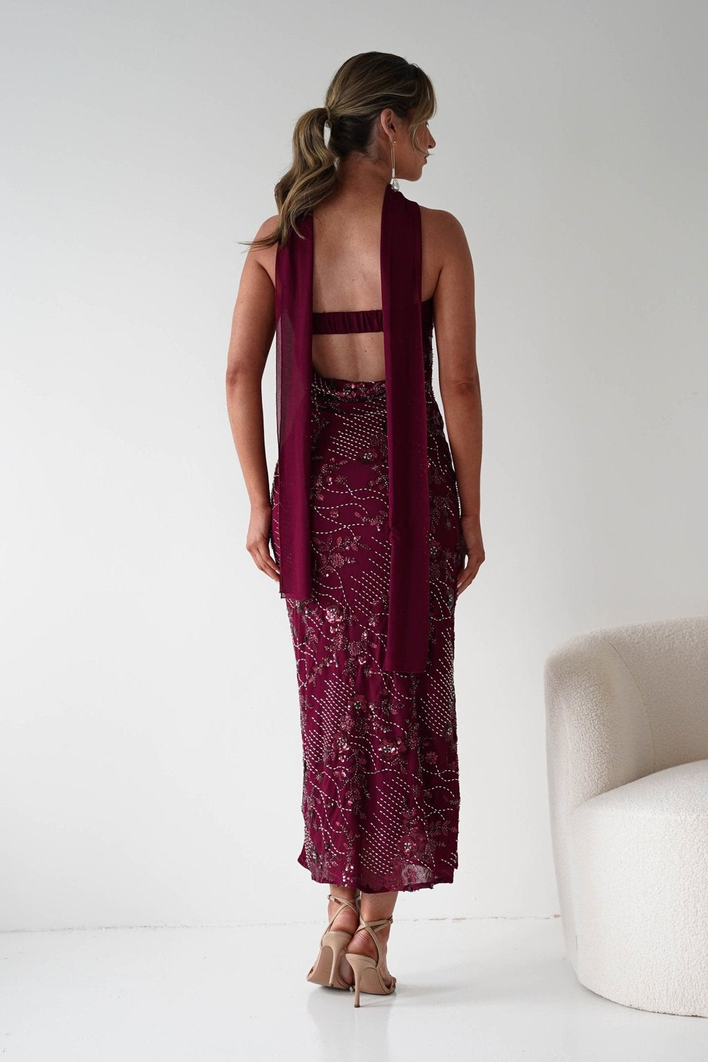 Hayleigh Beaded Strapless Maxi Dress in wine – side view | Velora premium burgundy dresses