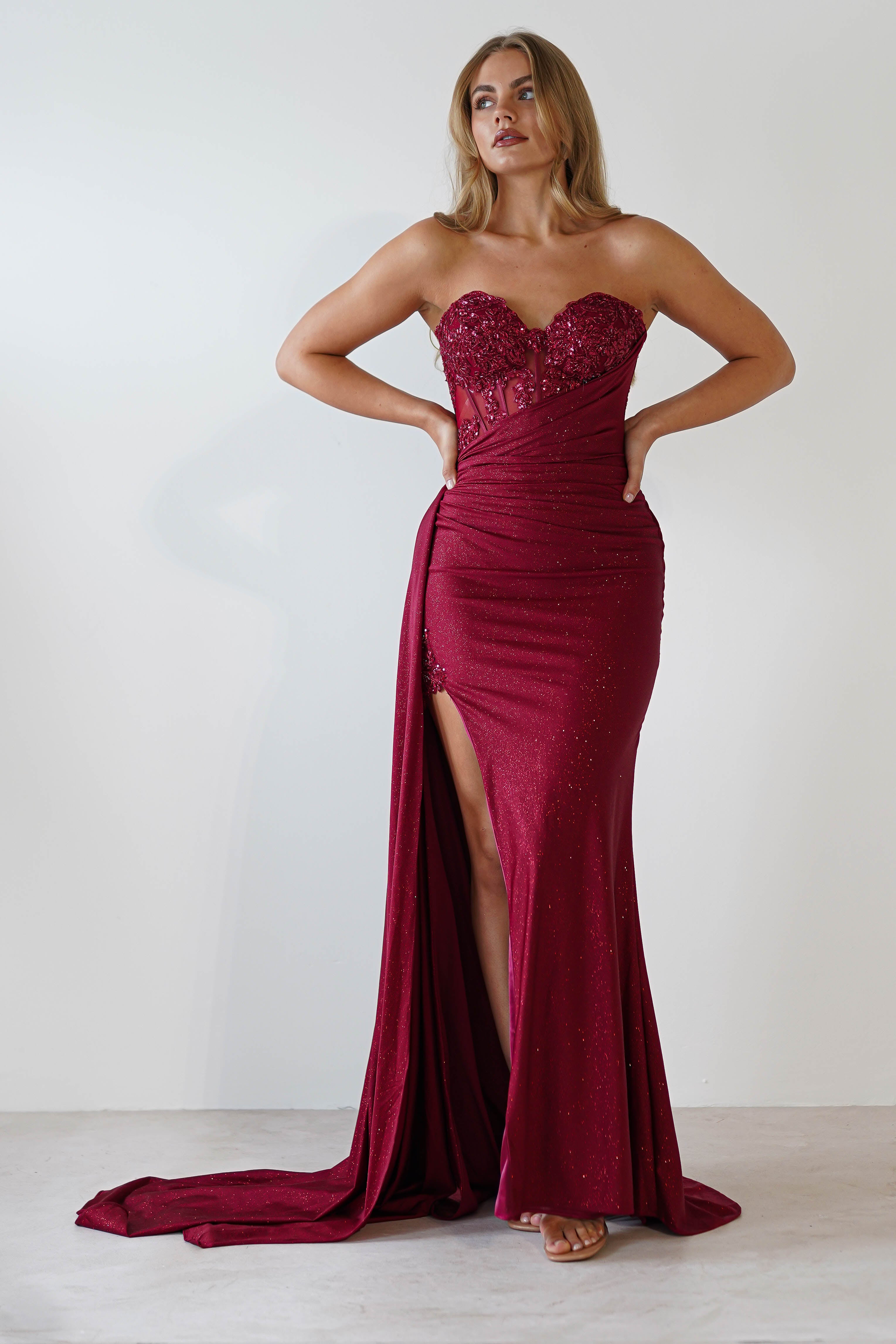 Lavelle Glitter Bodycon Gown in burgundy – full length view | Velora premium burgundy dresses